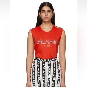 Balmain cut off sleeve top red and silver 36